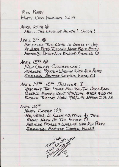 Happy Days Itinerary for March 2014