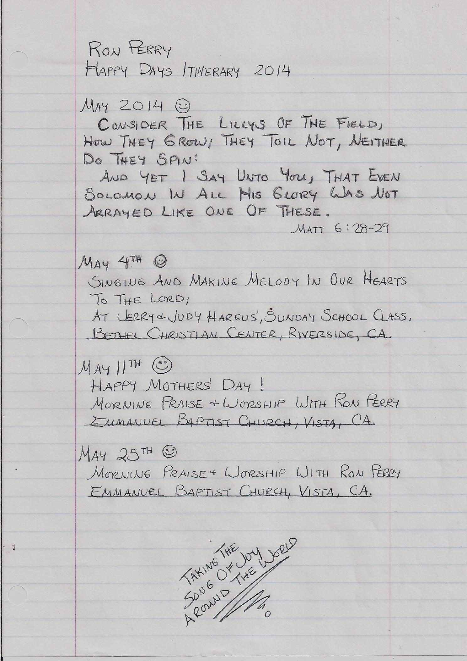 Happy Days Itinerary for May 2014